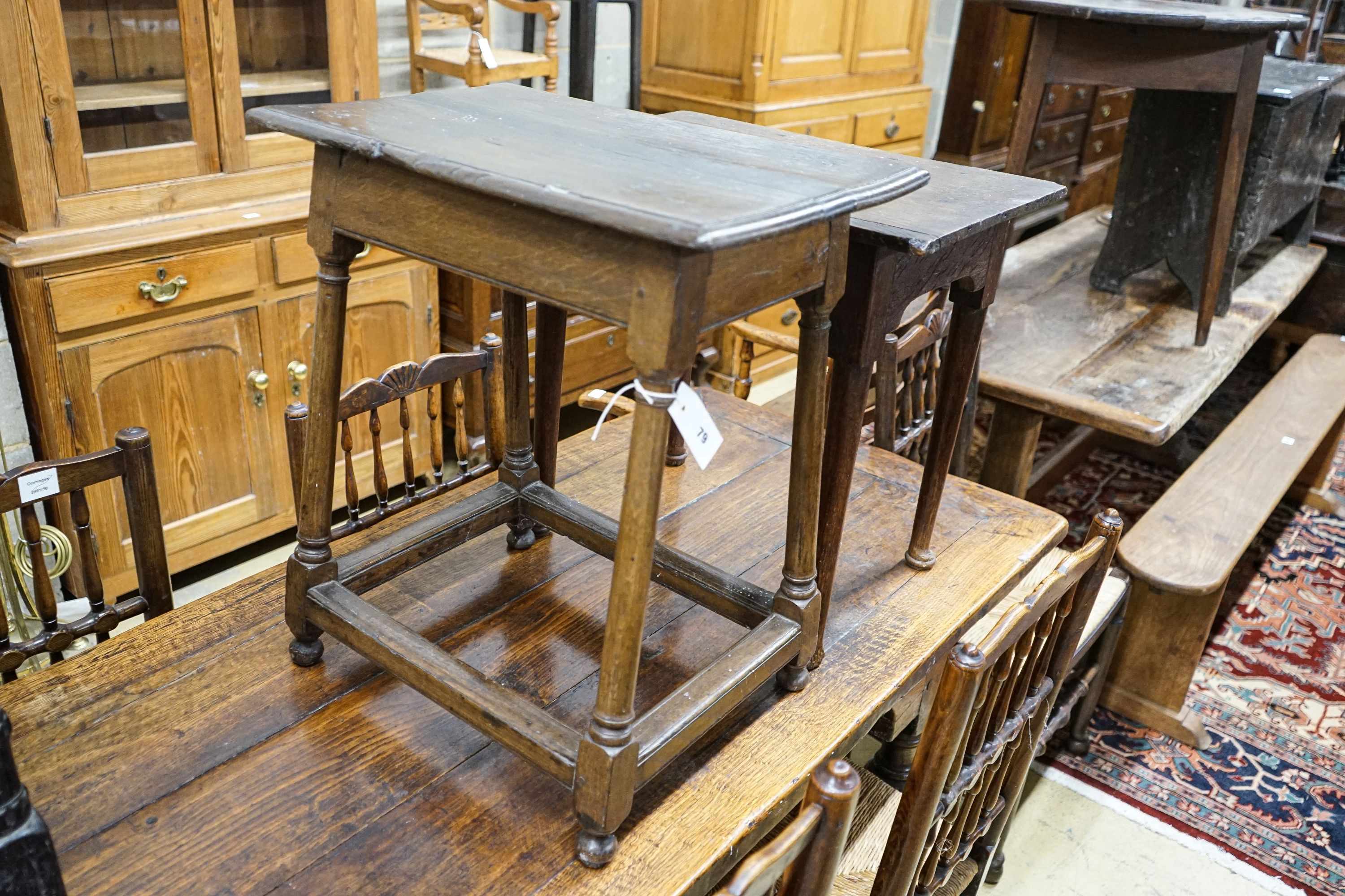 An early 18th century oak side table, with turned legs and pad feet, width 58cm and a 17th century style oak side table, width 55cm, depth 36cm, height 61cm
